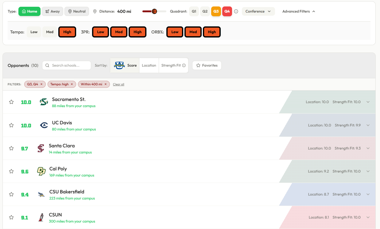 Browse Opponents — advanced filtering and match scores